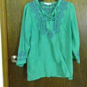 Joy Joy Blouse Green with blue embroidery.